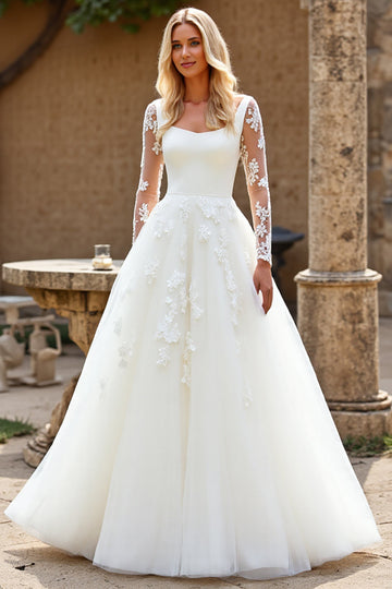 Ivory A-Line Square Neck Long Sleeve Tulle Wedding Dress with Appliques